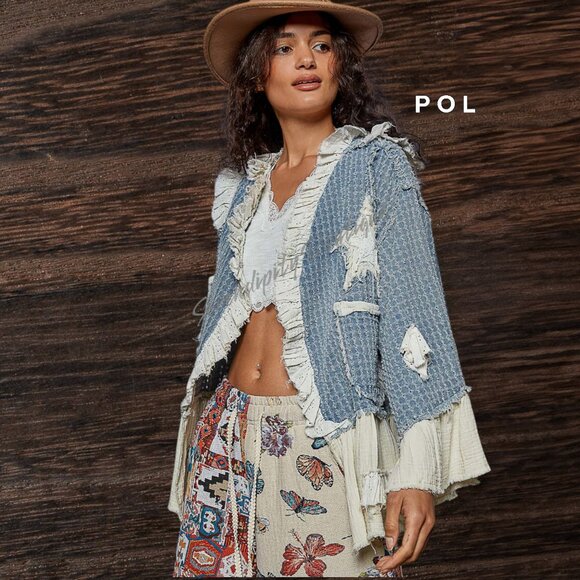 POL New Fall 2025 Release Ruffles Denim Stars & Moon Patches Denim Jean Jacket - Picture 7 of 13
